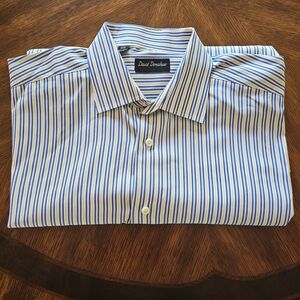 David Donahue White, Yellow, And Blue Striped Men's Dress Shirt 17.5 34/35